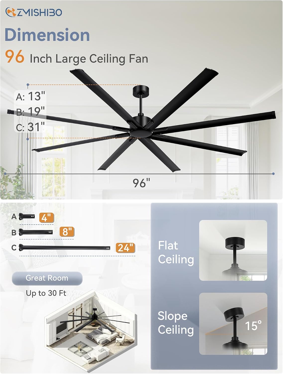 ZMISHIBO 96 Inch Industrial DC Motor Ceiling Fan, Large Ceiling Fan with 8 Reversible Blades, 3 Downrods, 6-Speed Remote Control, Home or Commercial Ceiling Fans for Porch/Garage/Shop, Black