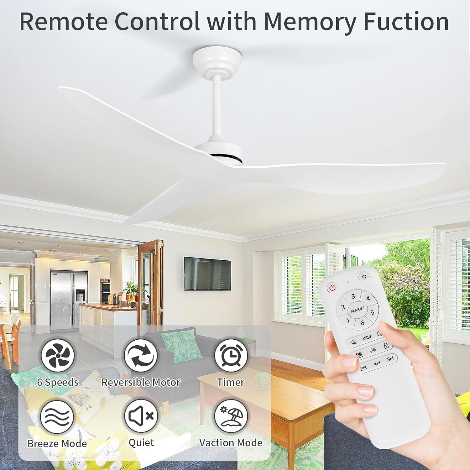 Ceiling Fans without Light,52 Inch Ceiling Fan with Remote Control,3 Reversible Blade,White Ceiling Fan for Bedroom, Living Room,Hallway