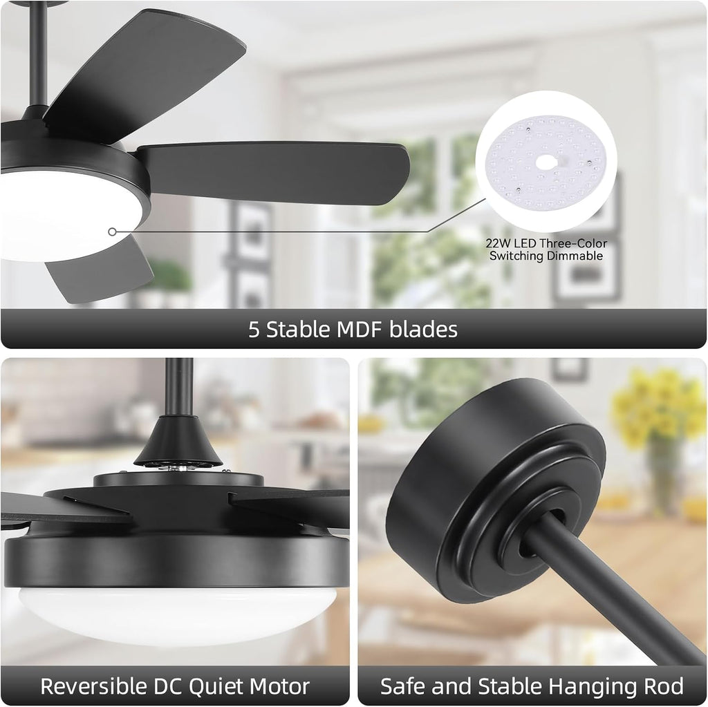 Sofucor 42 Inch Ceiling Fan with Light, Modern Ceiling Fan with Memory Large LED - Quiet DC Motor, 6 Speeds 4500CFM High Velocity, Dimmable, Timer, Reversible, for Living Room Bedroom, ETL/FCC, Black
