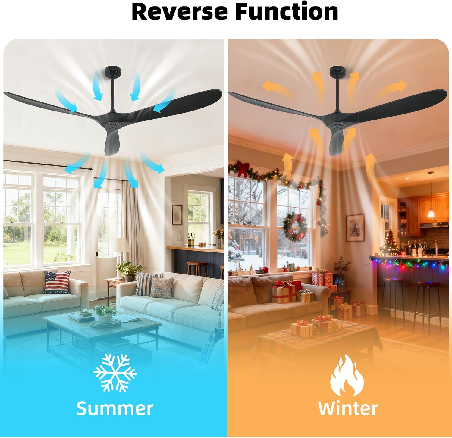 Ceiling Fan Without Light, 72 Inch Smart Wood Ceiling Fan no Lights, Compatible with Alexa/Google, 3 Natural Walnut Black Blades, Remote, Quiet Reversible DC Motor for Indoor Outdoor