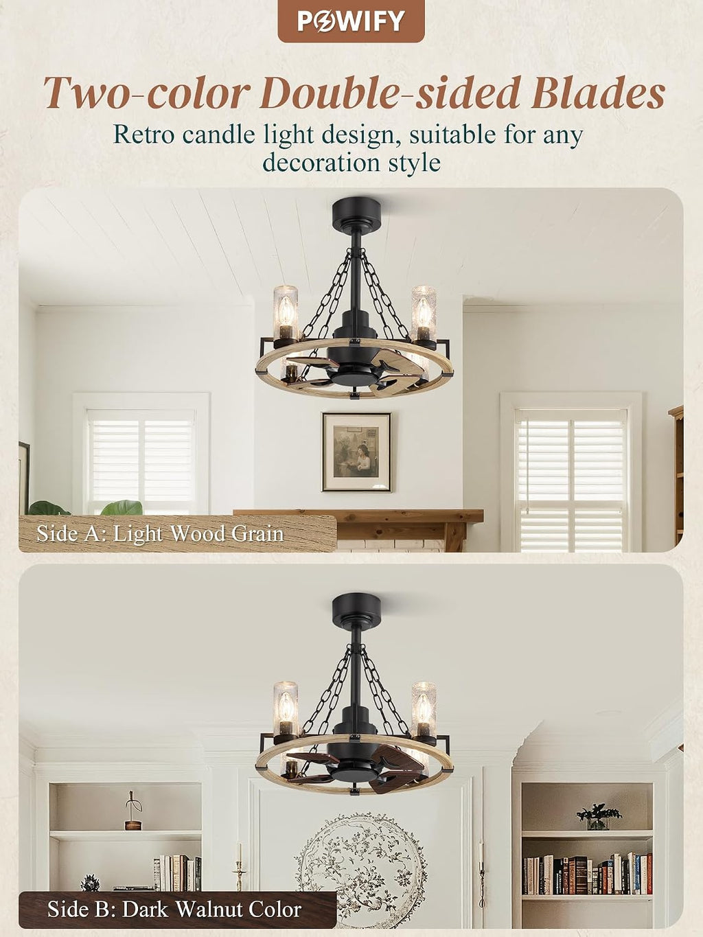 Wagon Wheel Rustic Chandelier Ceiling Fan with Light, 20 inch Farmhouse Caged Ceiling Fans, Quiet Reversible Motor, Dual Finish Blades, Wood Bladeless Fan Lights Ceiling Fixtures for Bedroom Kitchen