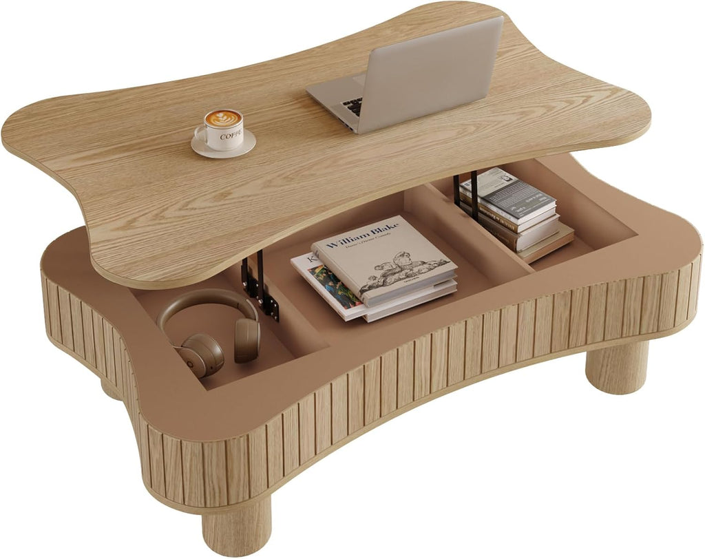 Zurnes Lift Top Coffee Table with Storage, 42' Accent Table for Living Room, Fluted Panel Hidden Storage, Silent Hydraulic Lift, Curved Corners, Easy Assembly, Natural Wood