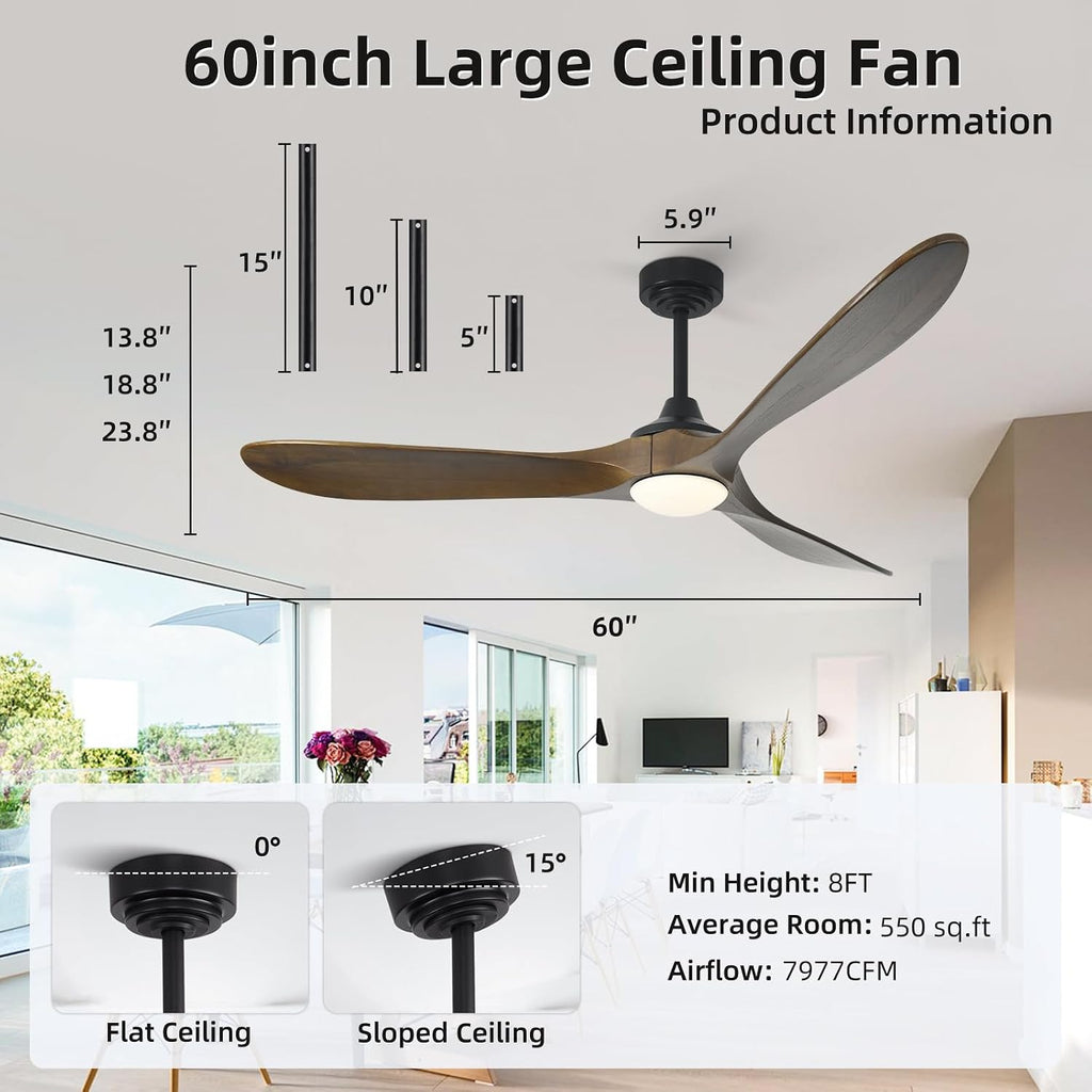 60' Outdoor Ceiling Fan with Light 3 Downrods, Smart Wood Ceiling Fan Compatible with Alexa/Google/App, 3 Blades Modern Walnut Wood Ceiling Fans for Kitchen Living Room Patio,Bronze