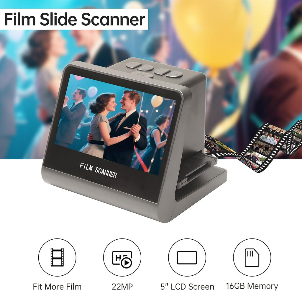 Yoidesu Digital Film Scanner 5' Screen, Negative Film and Slide Digitzer, Convert Color & B & W Negatives & 35mm, 126mm, 110 mm Film to 22MP JPEGs with 16GB SD Card & Card Reader