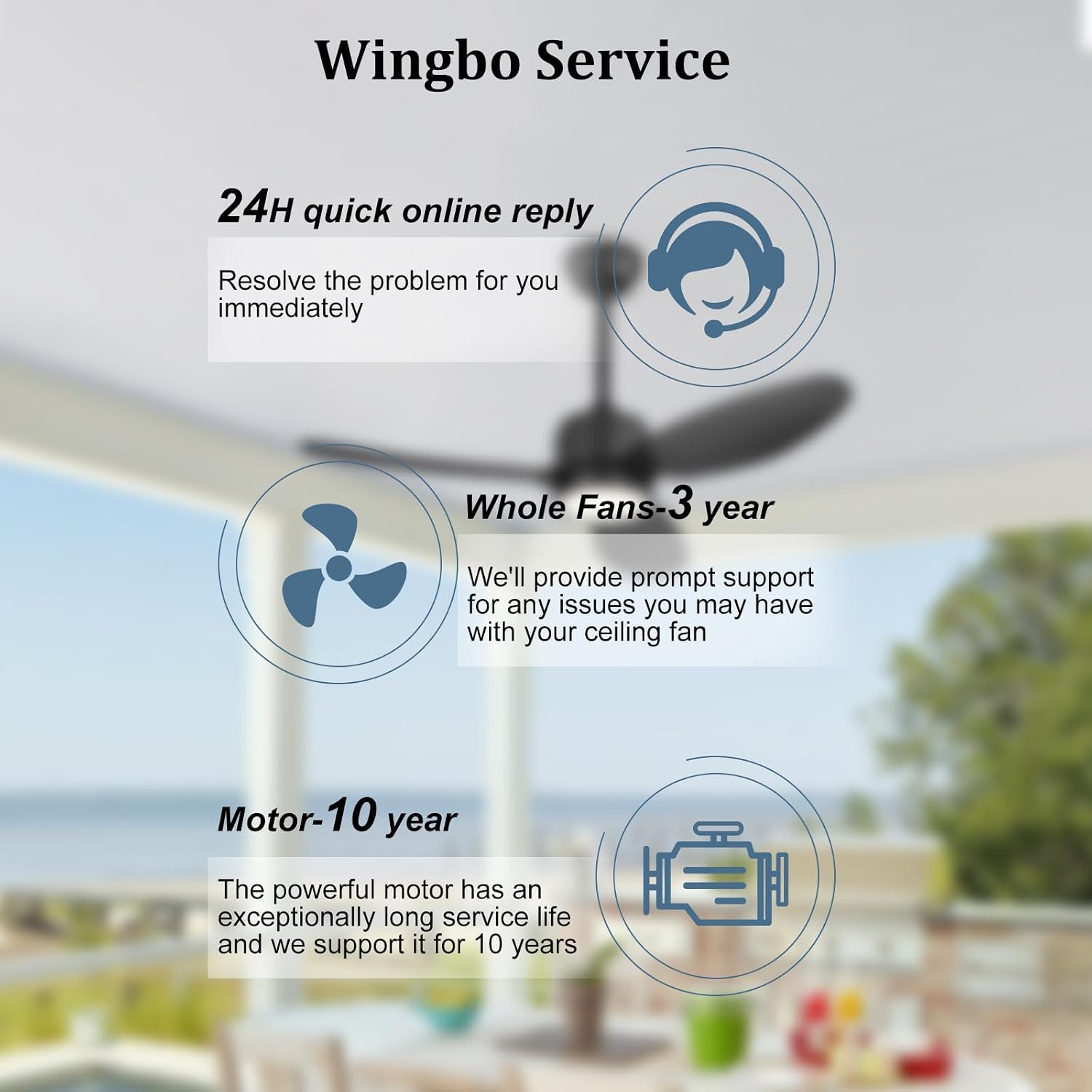WINGBO 42' Outdoor Ceiling Fans with Lights, Wet Rated Waterproof Indoor Ceiling Fan with Remote, 3 ABS Blades Modern Ceiling Fan,3CCT Quiet 6-Speed DC Motor, for Porch Patios Bathroom, Black