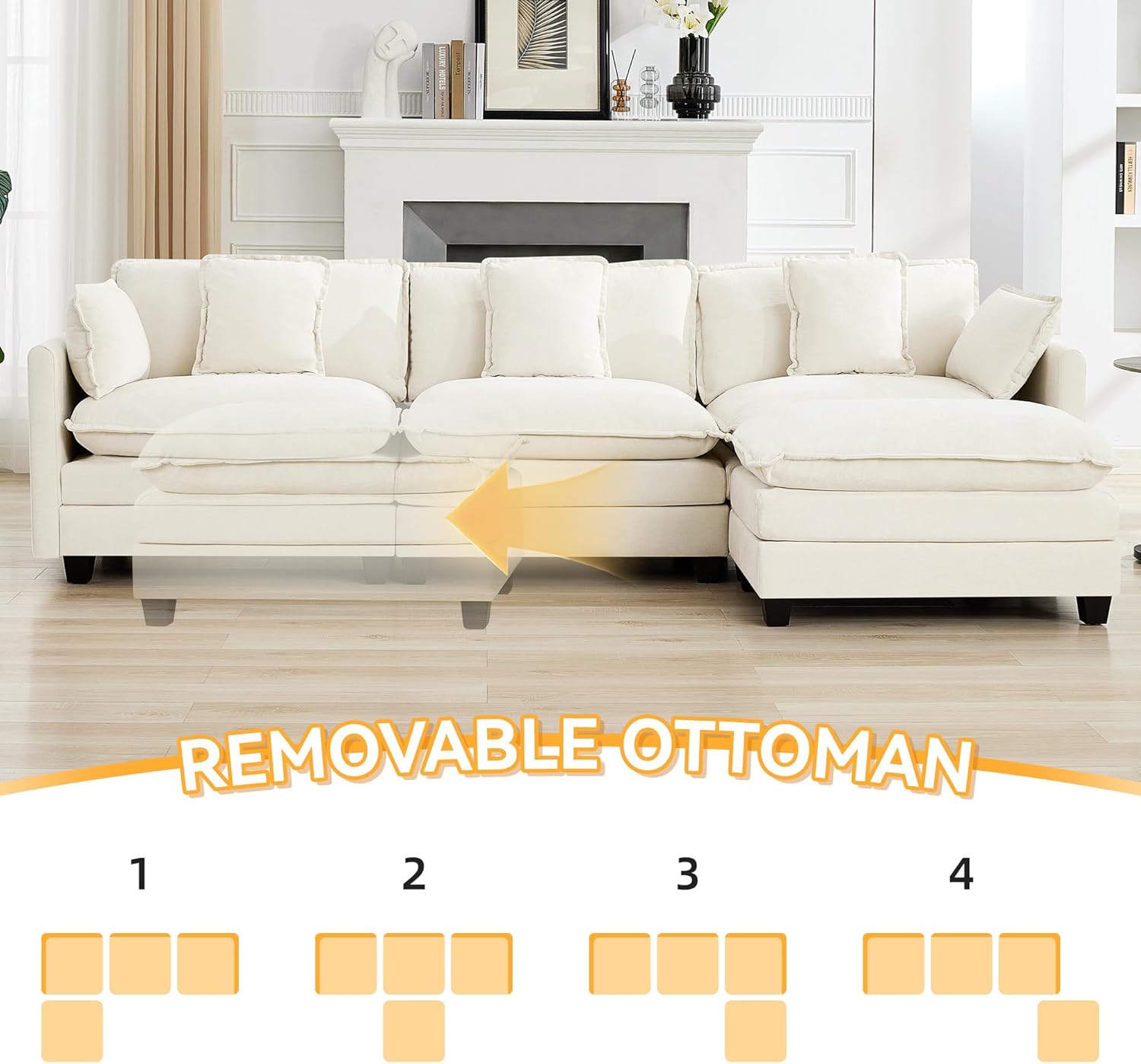 111'' Sectional Cloud Deep Seat Couch, Modern Comfy Chenille L Shaped Sectional Sofa for Living Room Set, Upholstered Modular 4-Seats Sofa Couch with Movable Ottoman, Beige