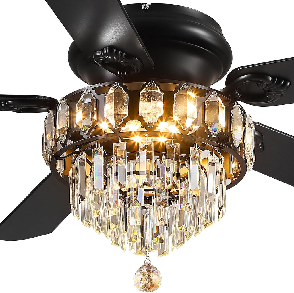 Asyko 52' Low Profile Crystal Ceiling Fan Fandelier with Lights and Remote Control- Retro/Farmhouse Ceiling Fans with Noiseless DC Motor, Flush Mount Ceiling Fan Light for Dining Room,Bedroom