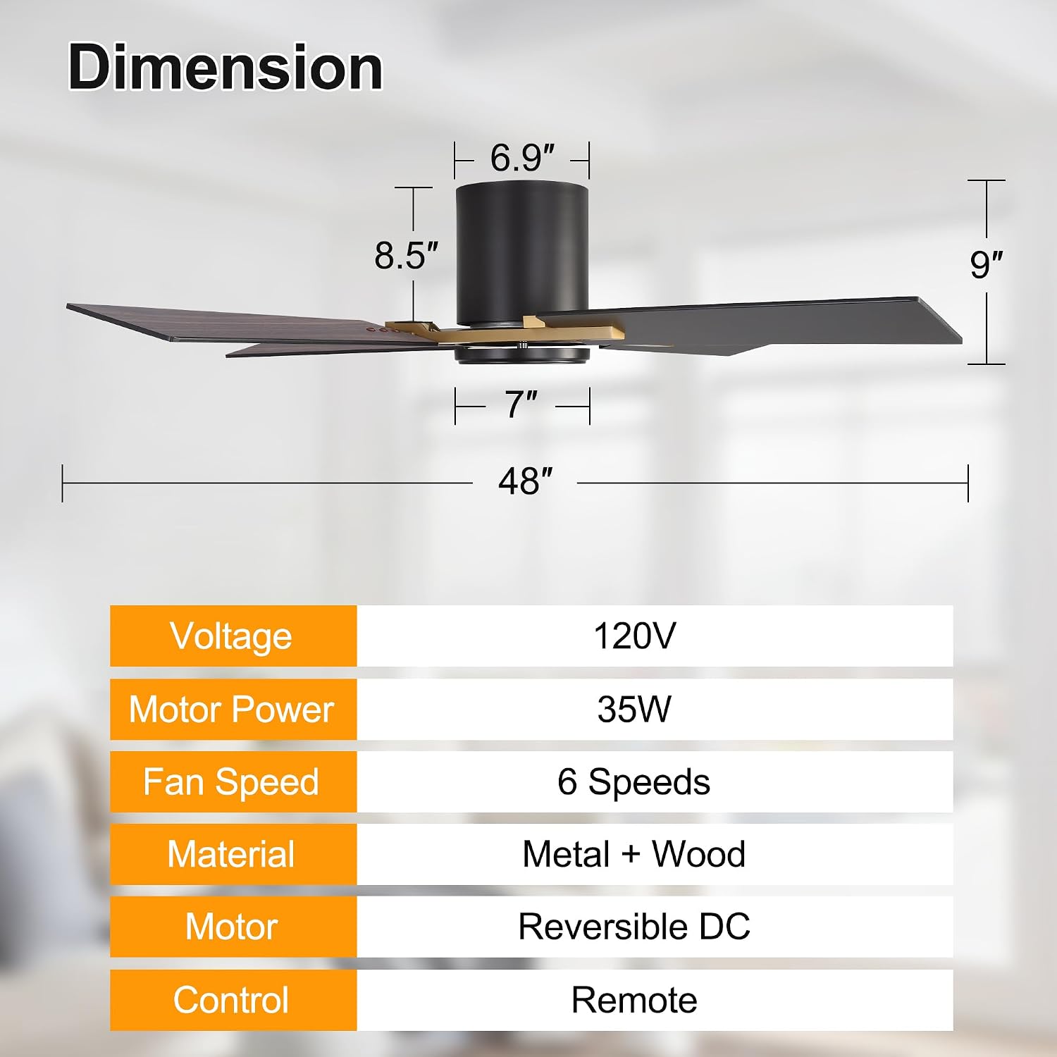 WINGBO 48 Inch Flush Mount Ceiling Fan without Light - 4 Plywood Blades, 6-Speed Reversible DC Motor, Noiseless Low Profile Ceiling Fan No Light for Bedroom Living Room, Gold and Black/Walnut