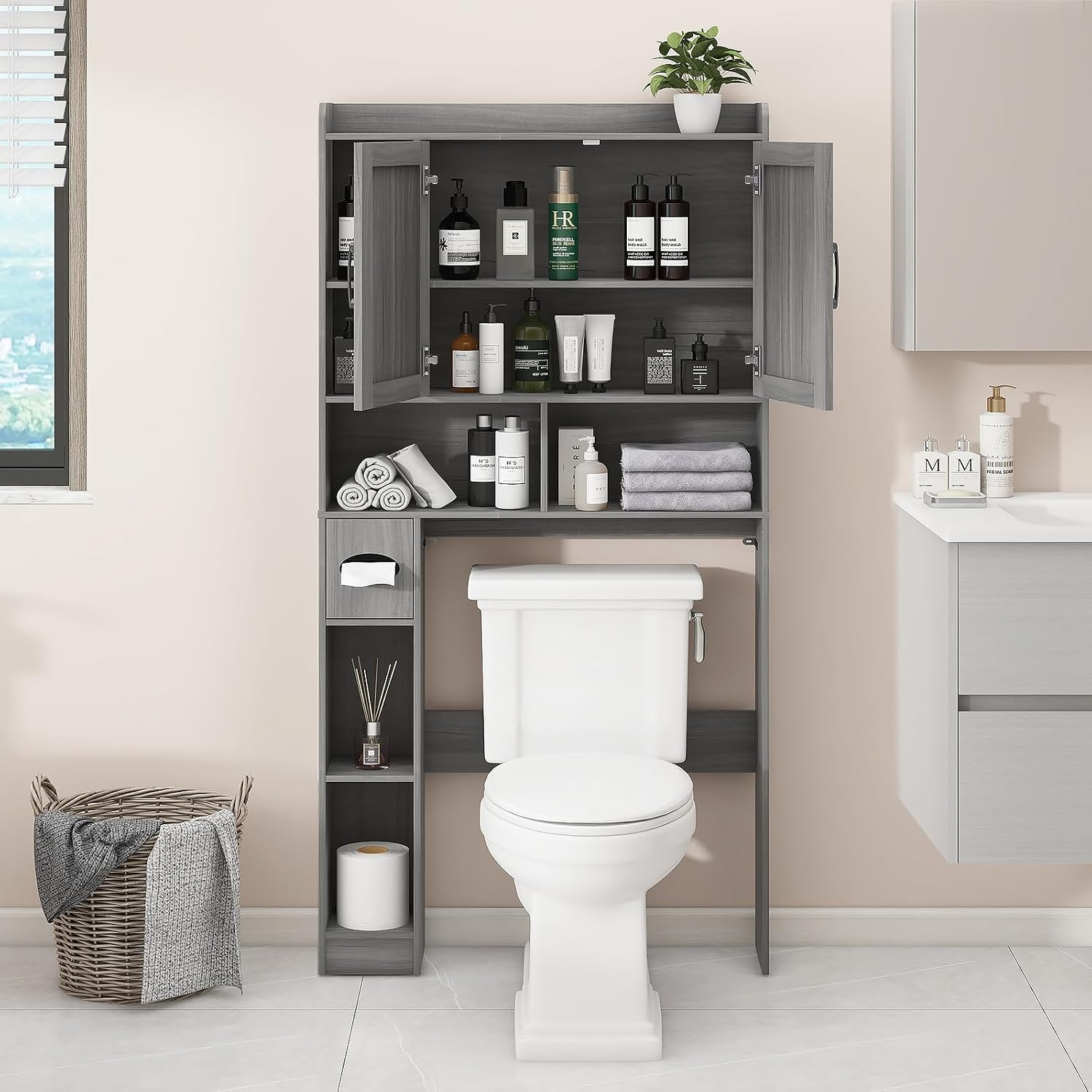 Vabches Over The Toilet Storage Cabinet, Farmhouse Style with 2 Barn Doors, Toilet Paper Holder, Space-Saving for Bathroom & Laundry, Gray