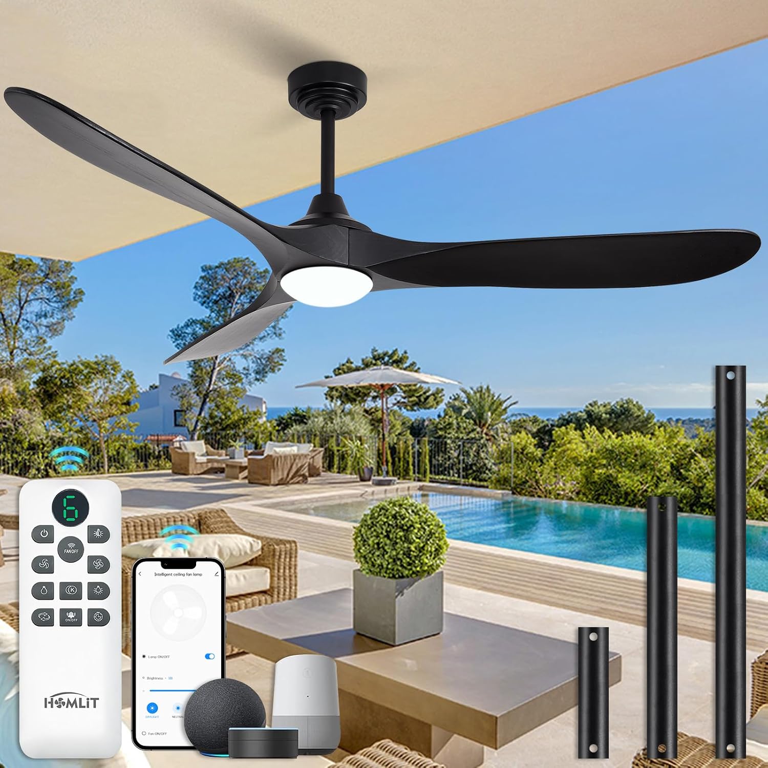 60' Outdoor Ceiling Fan with Light 3 Downrods, Smart Wood Ceiling Fan Compatible with Alexa/Google/App, 3 Blades Modern Black Wood Ceiling Fans for Kitchen Living Room Patio