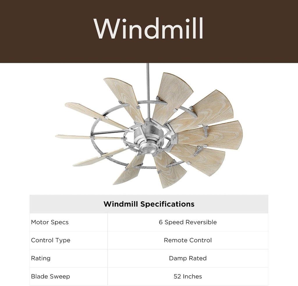 Quorum 195210-9 Windmill 52 Inch Ceiling Fan | 10 Blade Wagon Wheel Design | 6 Speed Reversible DC Motor | Remote Control Included | Damp Rated Fan | Weathered Oak Blades | Galvanized Finish