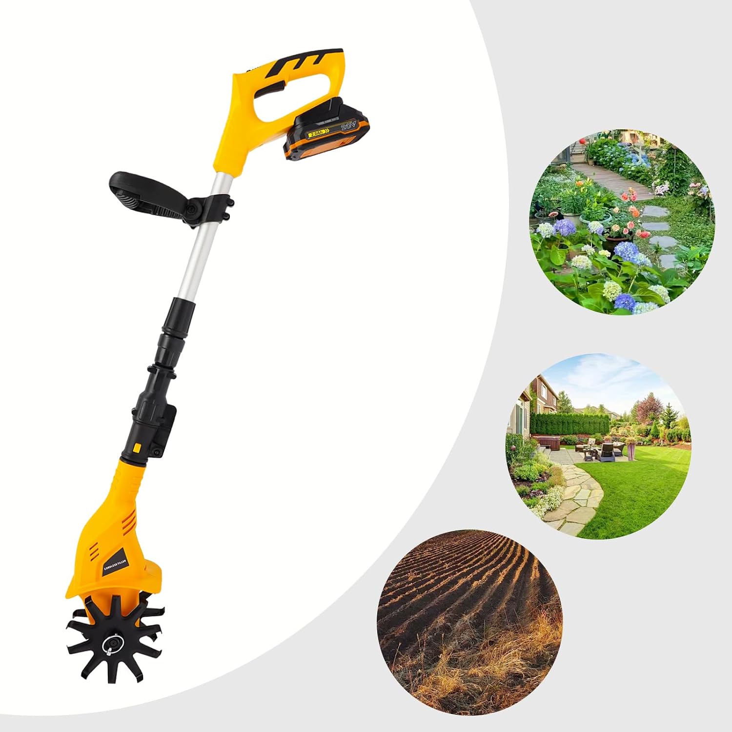 20V Cordless Tiller Cultivator, 250RPM Handheld Electric Tilling Machine, 9.84' Tilling Depth, Electric Garden Tiller with 2.0 AH Battery for Lawn/Gardening/Soil Cultivation