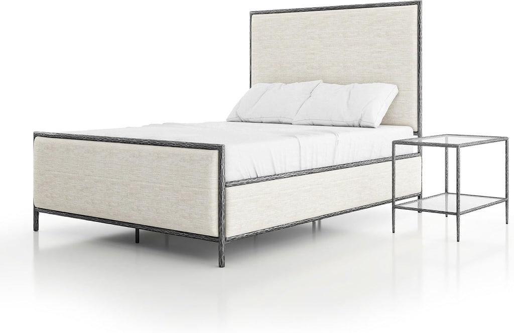 24/7 Shop at Home Lalia Hammered Metal 2-Piece Bedroom Collection, Upholstered Bed Frame with Beige Fabric Headboard, Forged Steel and 1-Shelf Nightstand, Foundation Required, Queen, Matte Grey