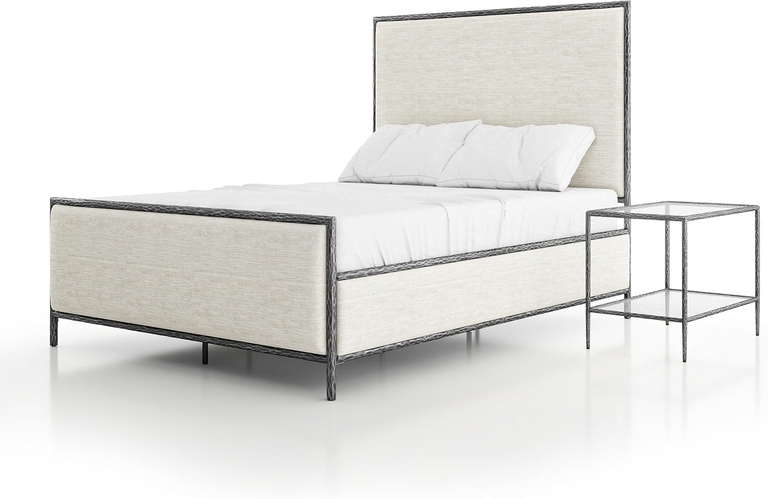 24/7 Shop at Home Lalia Hammered Metal 2-Piece Bedroom Collection, Upholstered Bed Frame with Beige Fabric Headboard, Forged Steel and 1-Shelf Nightstand, Foundation Required, Queen, Matte Grey