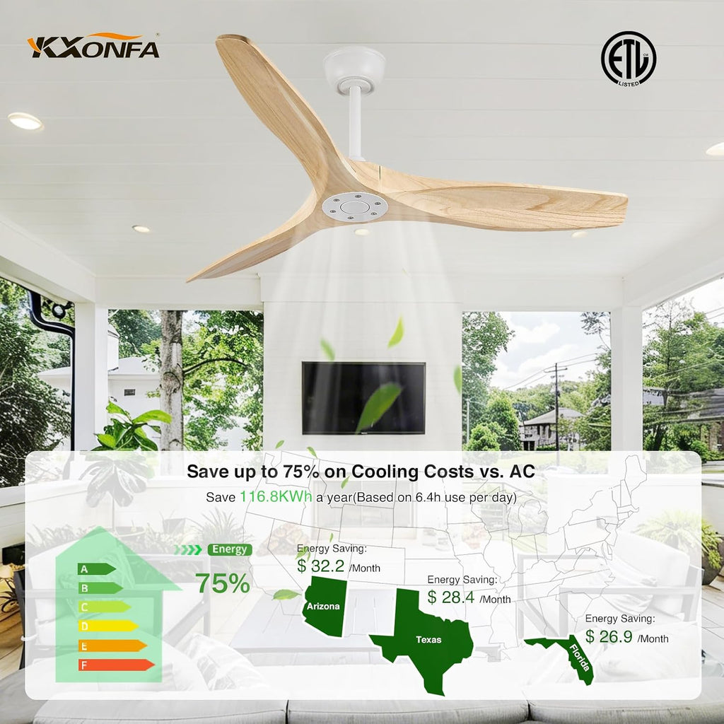 52 Inch Ceiling Fan No Light Outdoor Wood Ceiling Fans with Remote Control,Flush Mount,3 Blades Reversible Quiet DC Motor Modern Ceiling Fan Without Light for Patios Farmhouse Bedroom Indoor