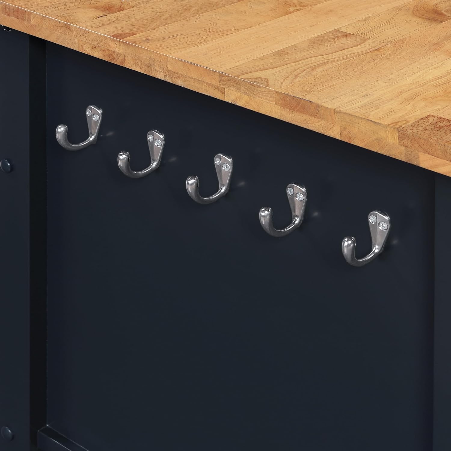 OSP Home Furnishings Stirling Farmhouse Kitchen Cart, Rolling Storage Cabinet with Drawers, Shelf, 5 Utility Hooks, Dark Blue with Natural Wood Top