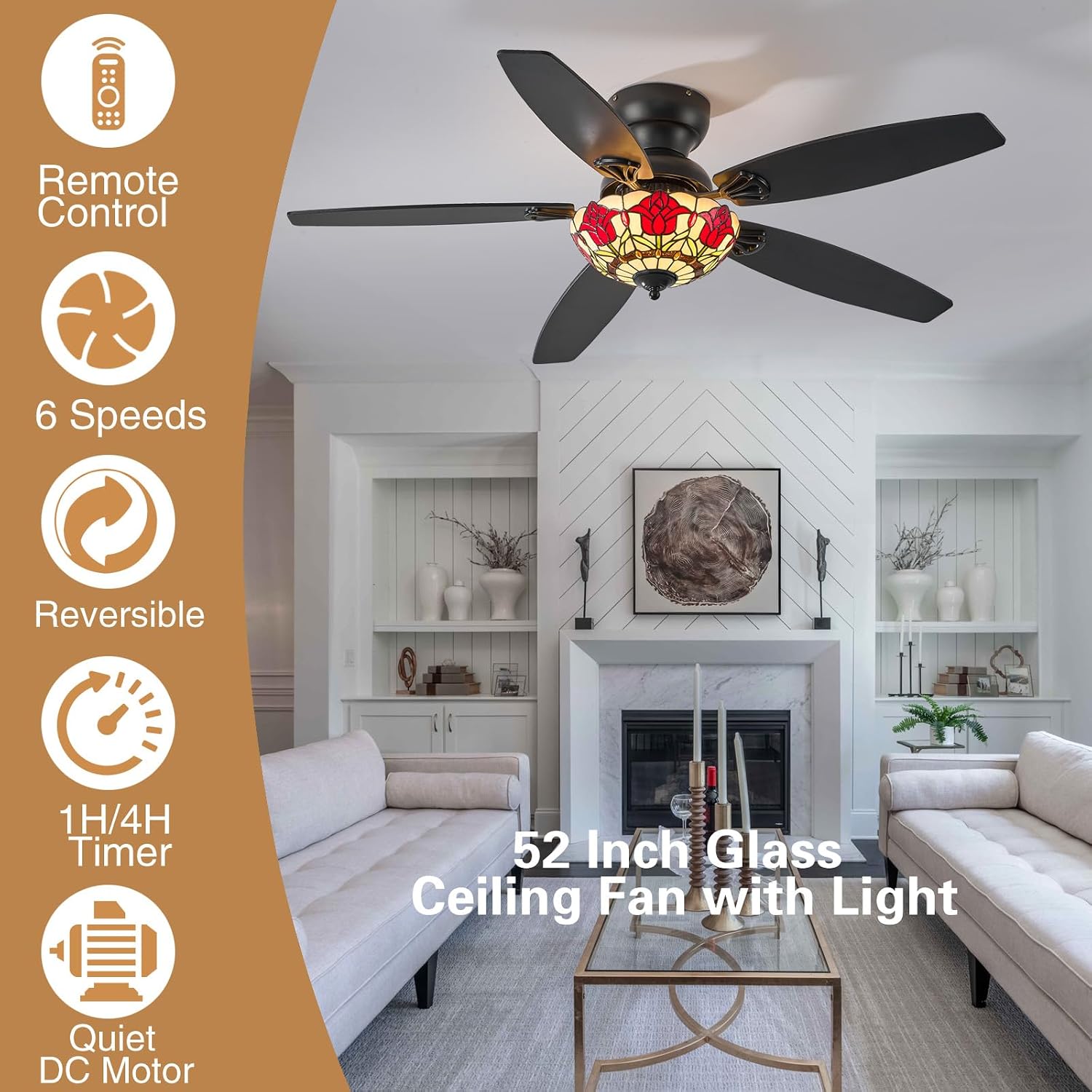 Tiffany Ceiling Fans with Lights - 52' Ceiling Fan Chandelier with 5 Dual-Blades and Glass Shade, 6 Speeds and Reversible, Indoor and Outdoor, Retro Style