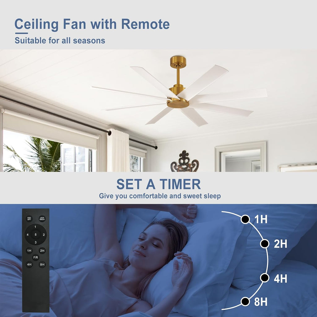 Farmhouse Ceiling Fan with Remote: 60' White and Gold 8-Blade 5-Speed Reversible DC Motor - Large Indoor/Outdoor Fan