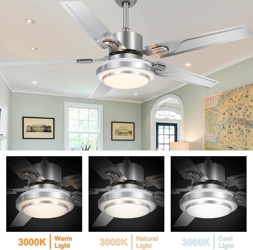 Modern Ceiling Fans with Lights Remote, 48'' Outdoor Ceiling Fan with Dimmable 3 Light Colors 3 Speed Reversible DC Motor, 5 Stainless Steel Blades Fandelier for Patio Porch Living Room