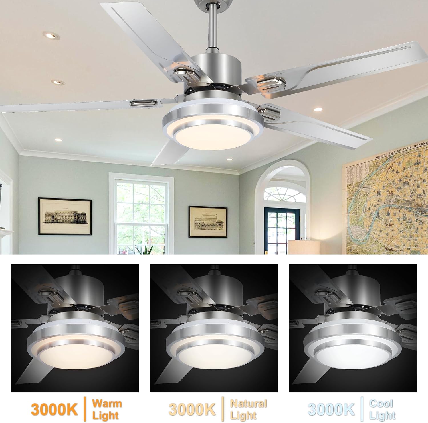 Modern Ceiling Fans with Lights Remote, 48'' Outdoor Ceiling Fan with Dimmable 3 Light Colors 3 Speed Reversible DC Motor, 5 Stainless Steel Blades Fandelier for Patio Porch Living Room