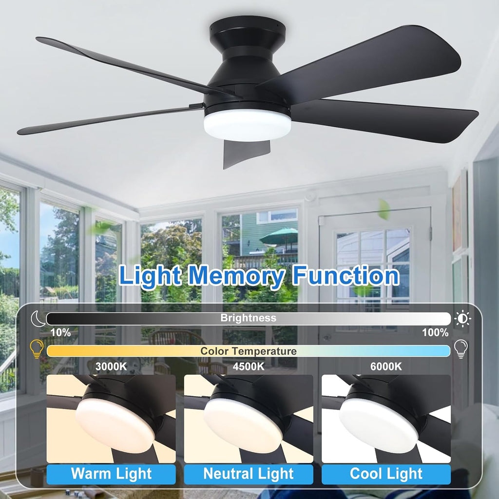 Depuley 42-Inch Ceiling Fans with Lights: Flush Mount Ceiling Fan with Remote Control Indoor/Outdoor- Black 5 Blade Low Profile Fandelier for Kitchen Gazebo - Reversible Quiet Timer - 2 Packs