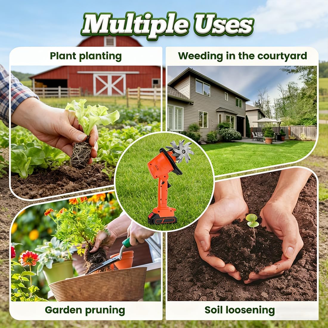21V Cordless Mini Tiller Cultivator, 400RPM Cultivators for Gardening & Composting with 48 Steel Tines&Dual Batteries,9'Tilling Width and 6.7'Depth Garden Weeders and Cultivators (Tiller-2 batteries)