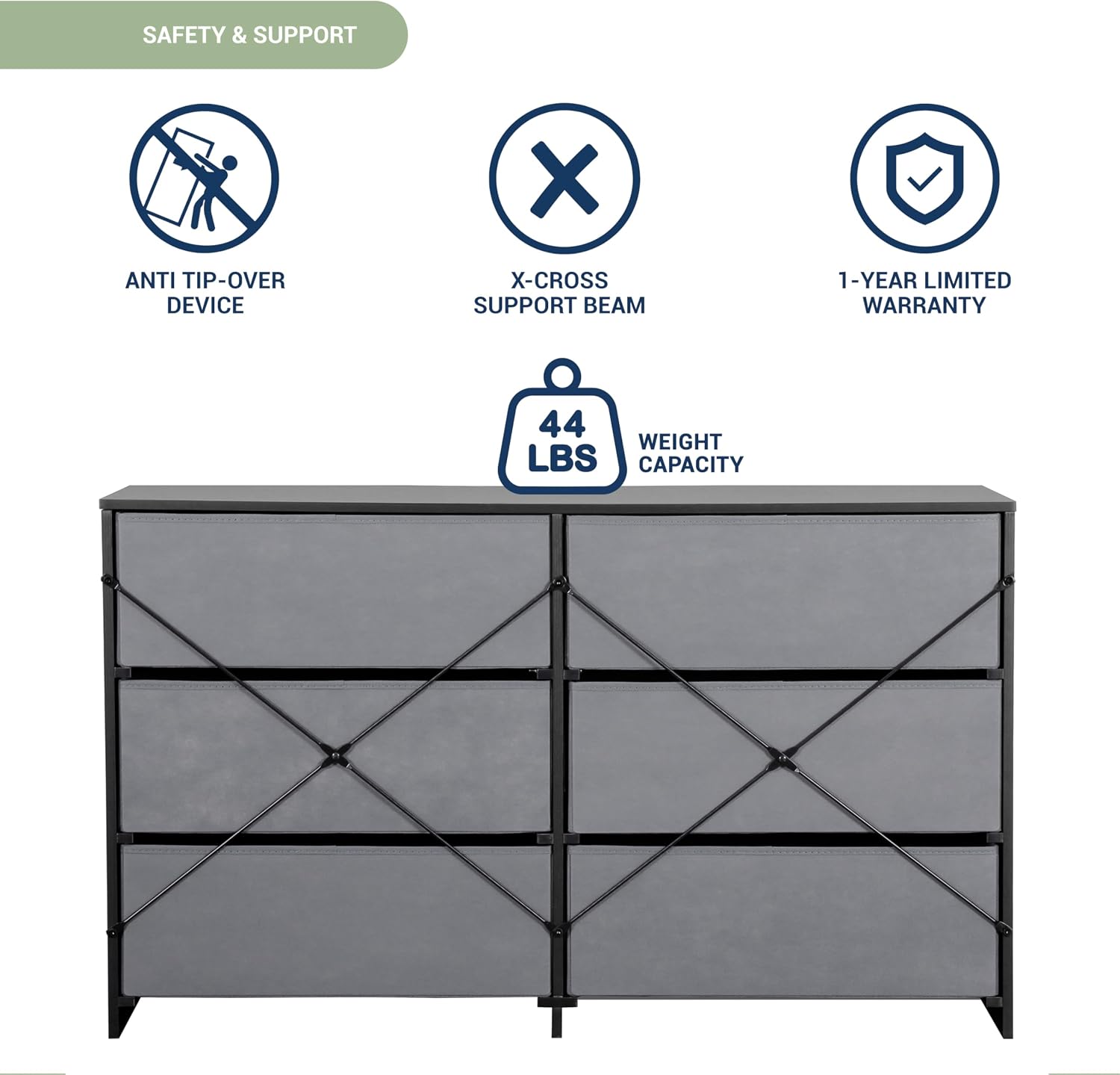 Modern 6-Drawer Dresser with Spacious Storage, Sturdy Wood Frame, Large Capacity Fabric Drawers, Dressers for Bedroom, Home Organization Storage for Living Room or Hallway, Black