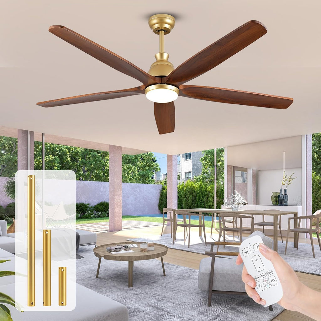 52 Inch Ceiling Fan with Light and Remote Control, Damp Rated Outdoor Fan for Patios, 5 Wood Bladesd and 3 Gold Downrods, 6-Speed Wind, Reversible DC Fan for Modern Farmhouse Office