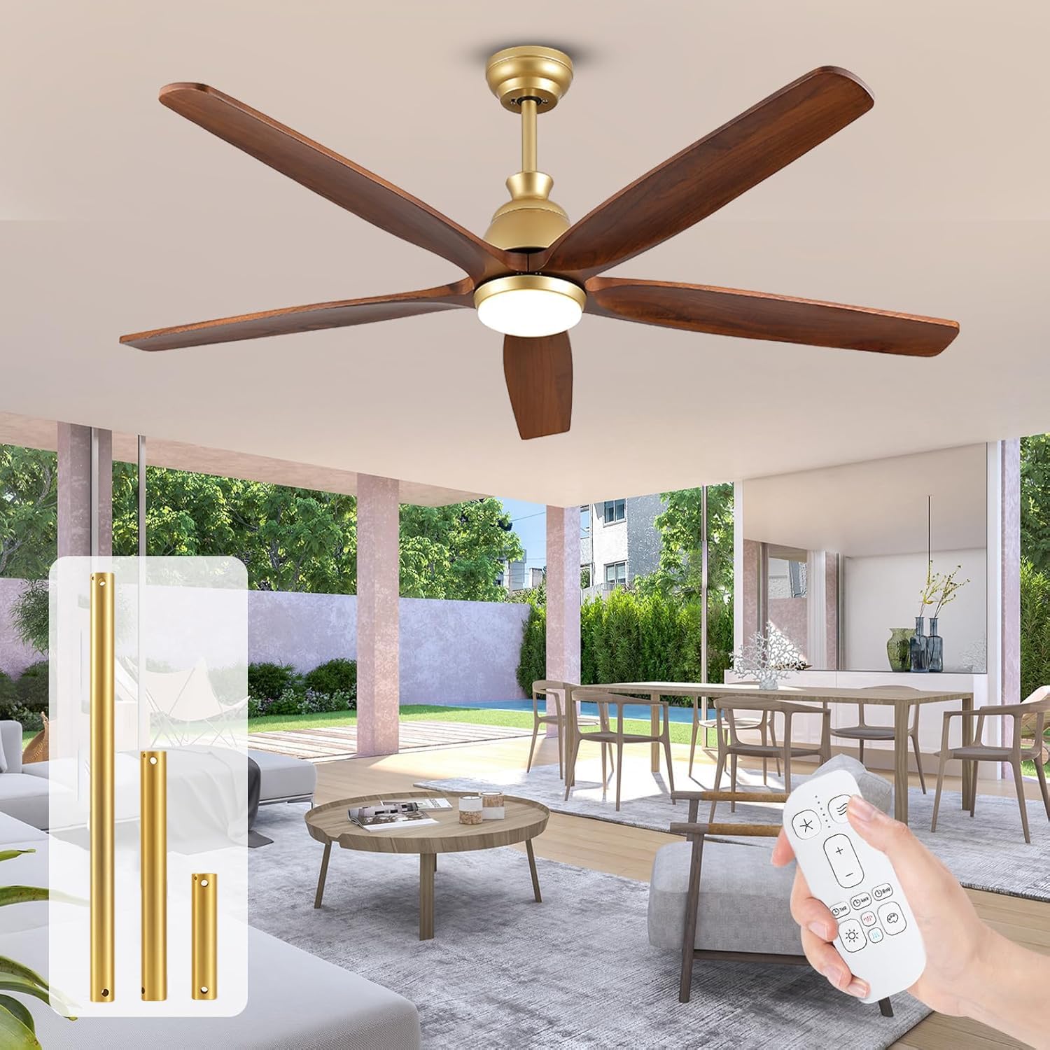 52 Inch Ceiling Fan with Light and Remote Control, Damp Rated Outdoor Fan for Patios, 5 Wood Bladesd and 3 Gold Downrods, 6-Speed Wind, Reversible DC Fan for Modern Farmhouse Office