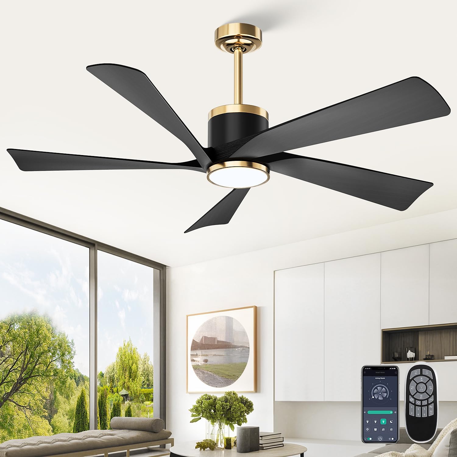 TXCSLY 52'' Ceiling Fans with Lights, Modern Ceiling Fan with Remote Control, Indoor Outdoor Ceiling Fan for Living Room, Bedroom, 5 Blade, 3 Color Temperature, Dimmable (Black & Gold)