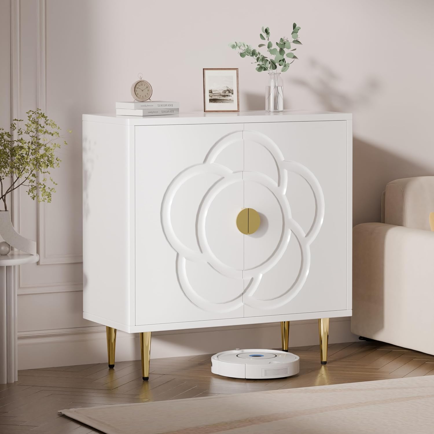 TOLEAD Storage Cabinet, Modern Cabinet with Decorative Flower Pattern Doors, Accent Sideboard Buffet Cabinet for Hallway, Living Room, Kitchen, White