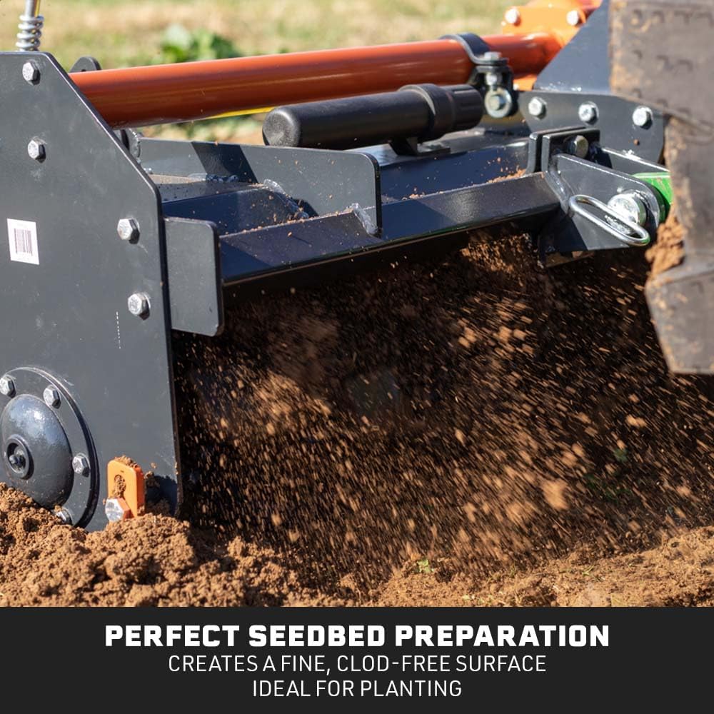 Titan Attachments 3 Point 48' Rotary Tiller Attachment Fits Cat 1 Tractors, Charcoal Finish, Single Speed PTO Driven Cultivator with a 540 RPM Gearbox, Replaceable L-Shaped Tines Work 5' Deep