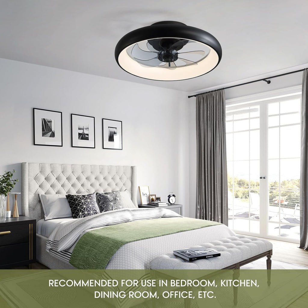 LUDOMIDE Ceiling Fans with Lights 20'' Flush Mount Fan Remote & APP Control Black Low Profile 6 Wind Speeds Smart Dimmable LED for Bedroom Living Room (Y1095-BK-ELE)