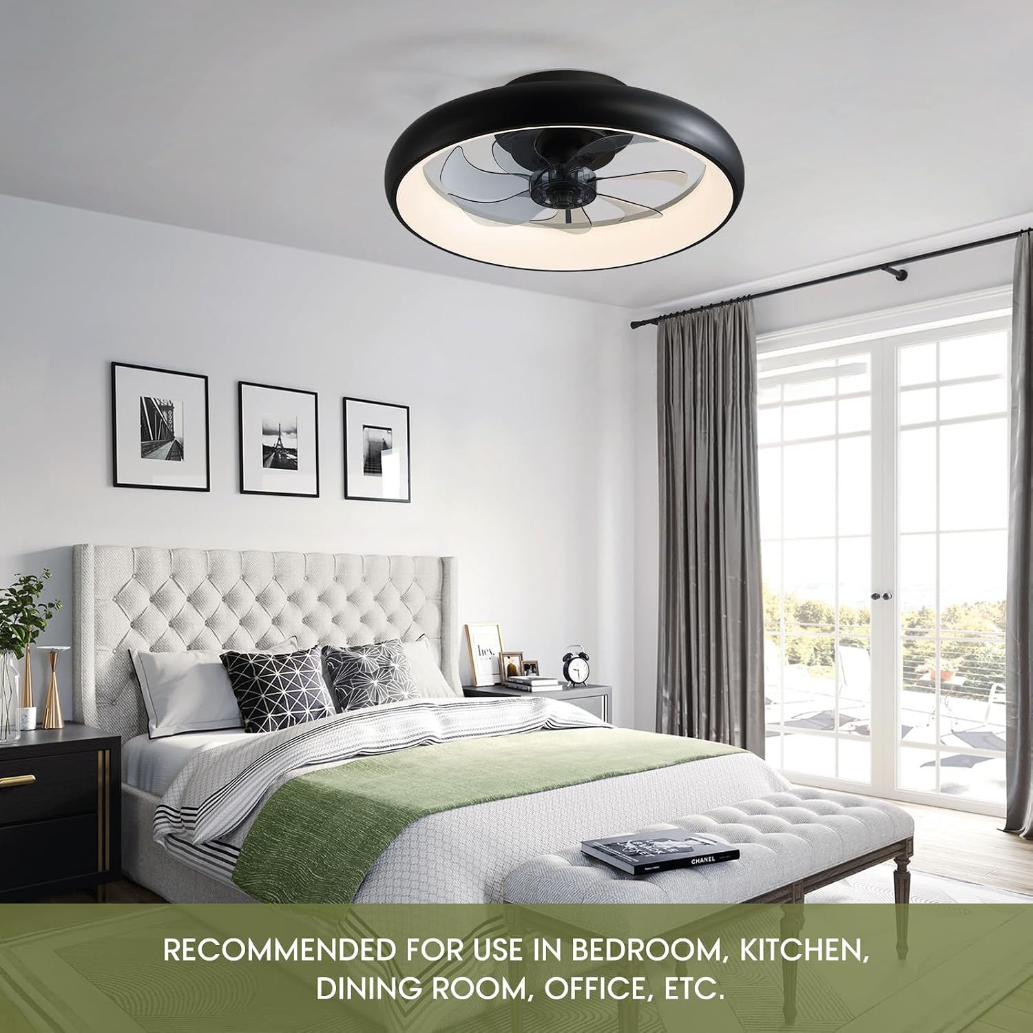 LUDOMIDE Ceiling Fans with Lights 20'' Flush Mount Fan Remote & APP Control Black Low Profile 6 Wind Speeds Smart Dimmable LED for Bedroom Living Room (Y1095-BK-ELE)