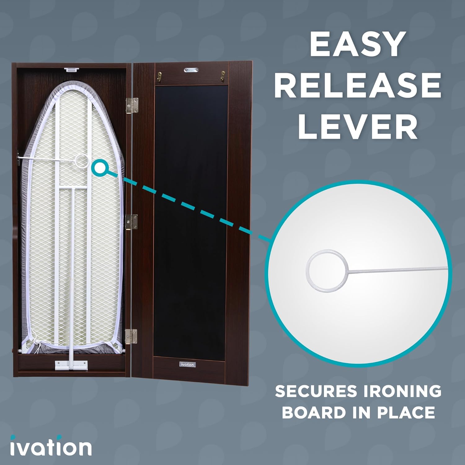 Ivation Wall-Mounted Ironing Board Cabinet, Foldable Ironing Storage Station for Home, Apartment & Small Spaces, Easy-Release Lever, with Miror Door, Walnut Color