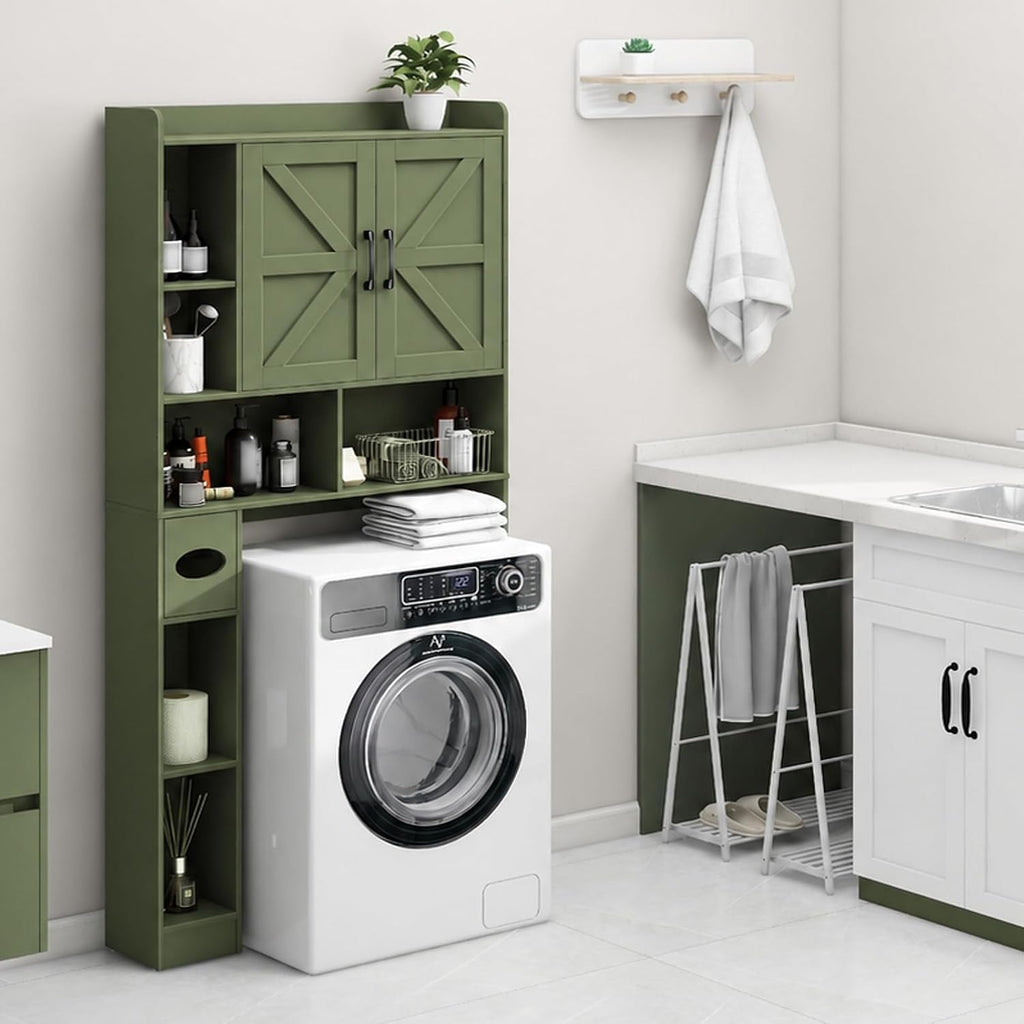 Vabches Over The Toilet Storage Cabinet, Farmhouse Storage Cabinet Over Toilet with 2 Barn Doors & Toilet Paper Holder Stand，Home Space-Saving Toilet Rack, for Bathroom, Restroom, Laundry. Green