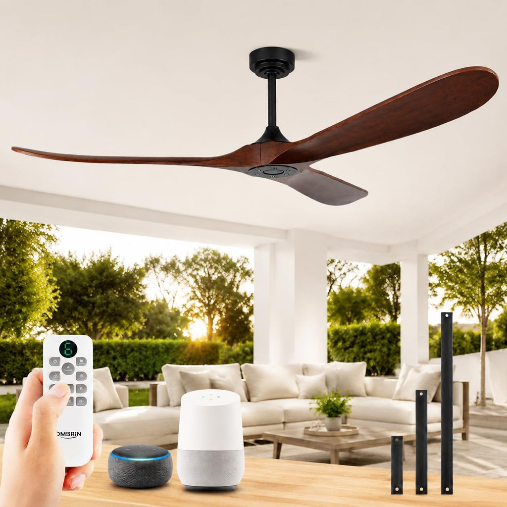 72' Smart Ceiling Fan without Lights, Wood Large Ceiling Fan with Remote Alexa Google App, 3 Blade Propeller for Patios Farmhouse Garage High CFM, Red Walnut