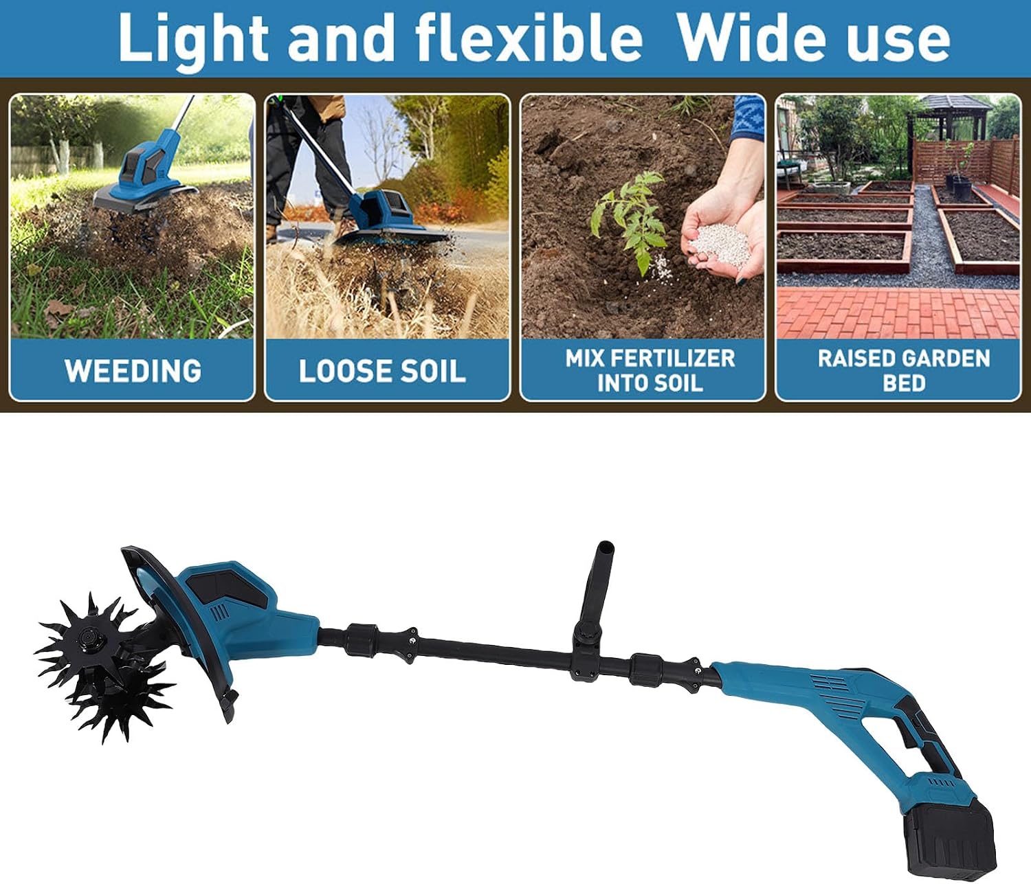 Walfront Cordless Tiller Cultivator 360RPM with Double 6Ah Batteries, Lightweight Garden Tiller for Soil Preparation with Easy Transport, Suitable for Tight Spaces in Gardens and Outdoor (US Plug)
