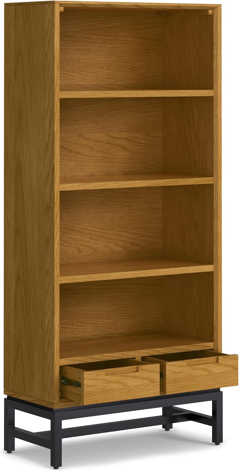 SIMPLIHOME Banting Desk and Bookcase Bundle - 72 inch Wide Solid Wood Desk with Drawers and 30 inch Wide 4-Shelf Bookcase in Oak, Modern Industrial Home Office Furniture (Set of 2)