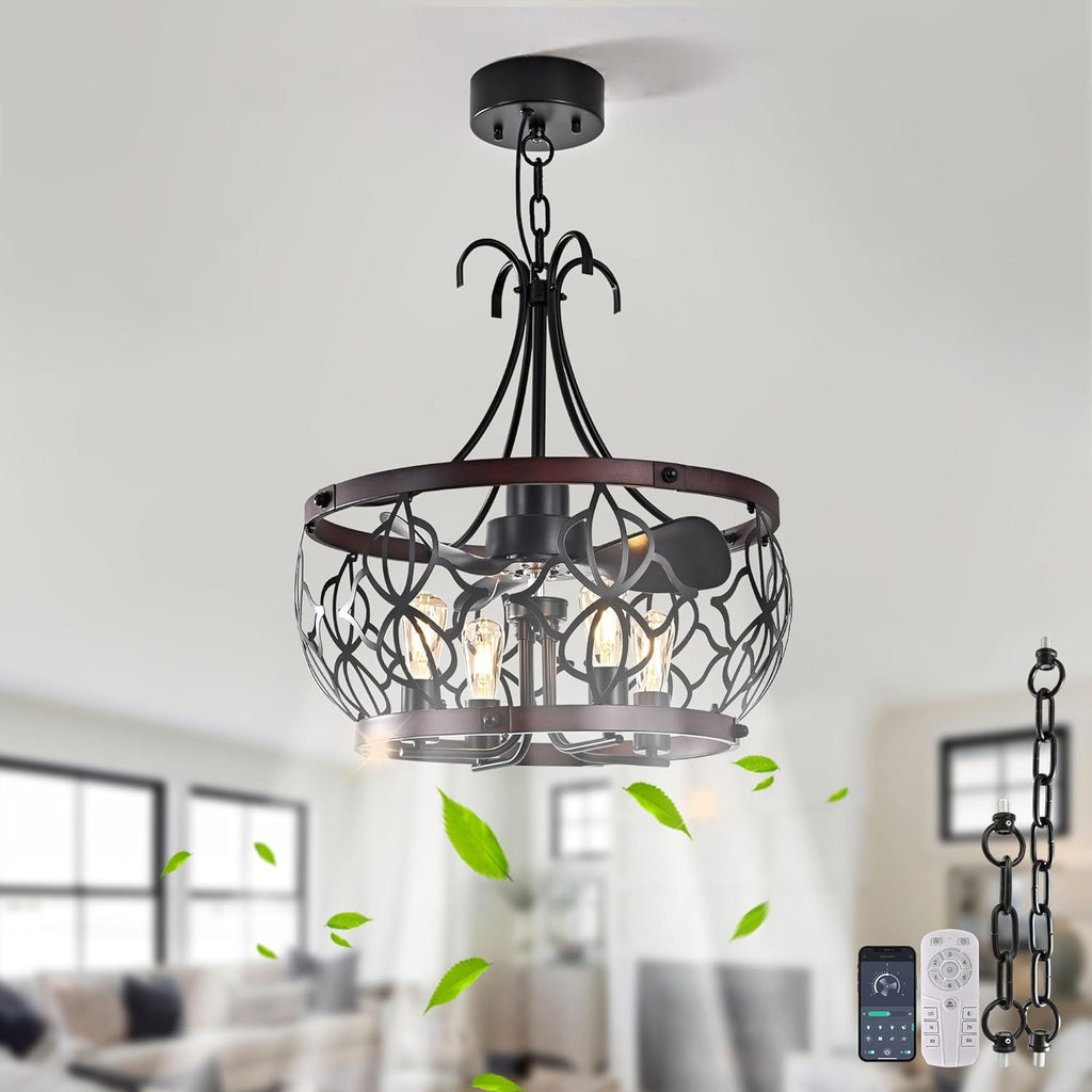 Garwarm 21 inch Ceiling Fans with Lights,Black Industrial Caged Flush Mount Ceiling Fans with Remote,Rustic Chandelier Ceiling Fan for Dining Room Bedroon Kitchen, 6 Speed Timing