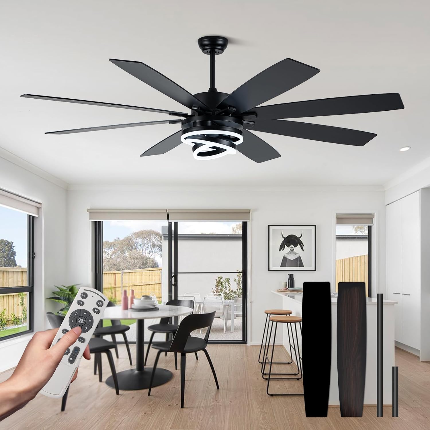 72'' Black Ceiling Fans with Lights and Remote, Indoor/Outdoor Large Chandelier Fan with DIY Rings LED,Fandelier Ceiling Fans with Lights for Living Room/Porch/Patio