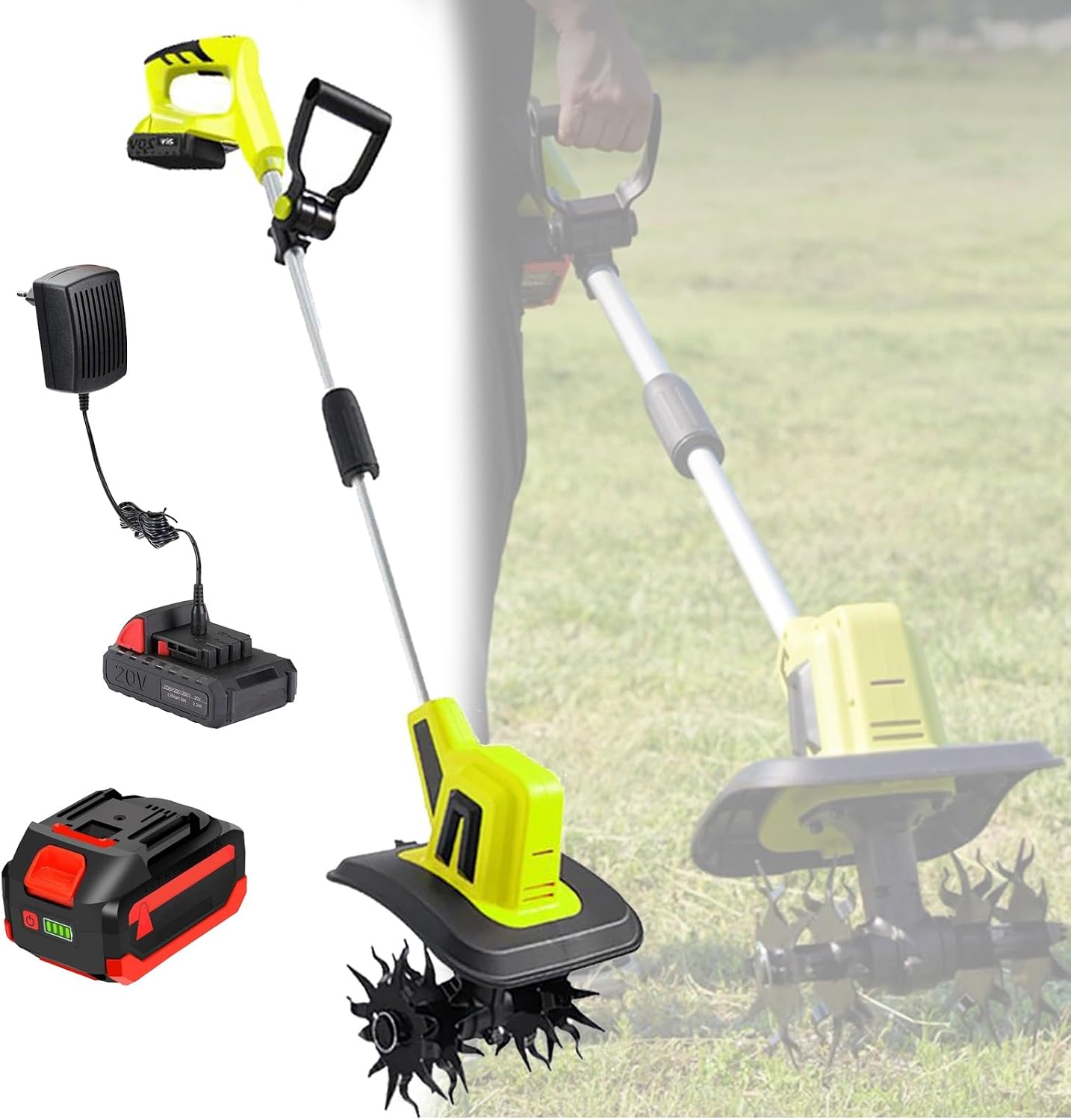 20V Cordless Tiller Cultivator, 270RPM Electric Garden Tiller with 2×4000mAh Batteries, 25cm Tilling Width, 22cm Depth Garden Rototiller for Lawn/Gardening/Soil Cultivation