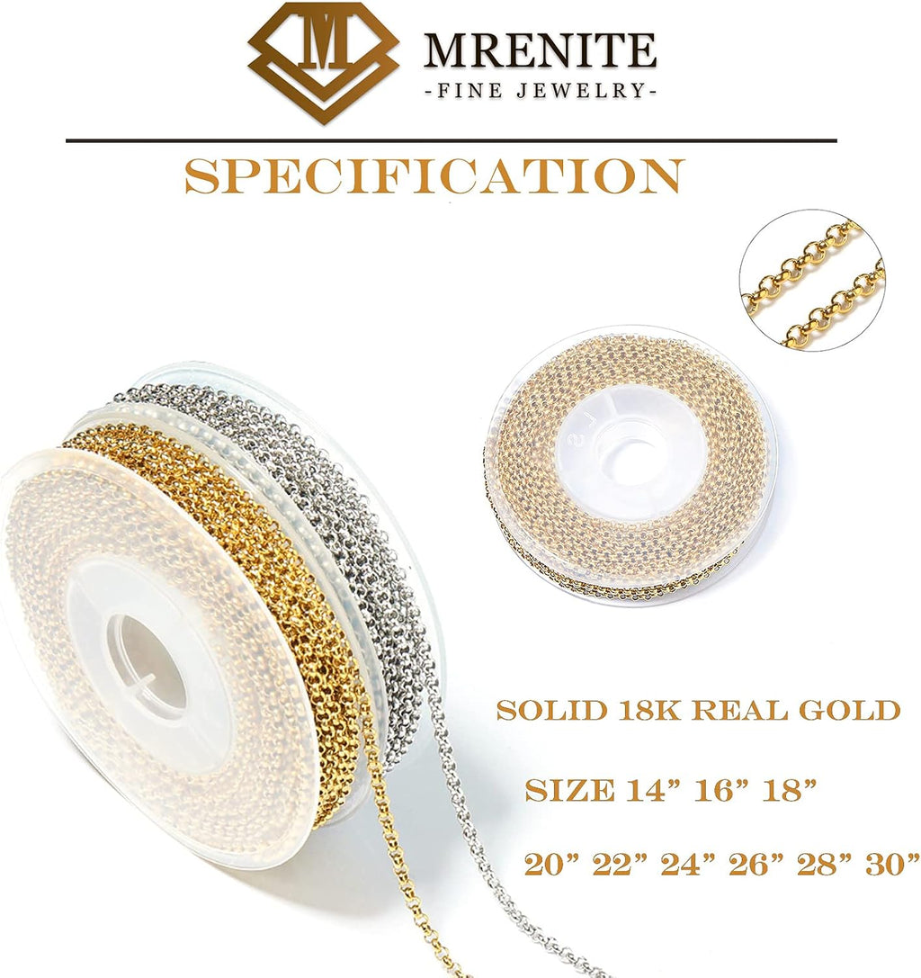 MRENITE Solid 18k Gold 1mm/1.1mm/1.3mm/3mm Round Rolo Cable Chain Necklace Gold Silver Chain Necklaces Lobster Clasp for Women 14' 16' 18' 20' 22' 24' 26' 28' 30'