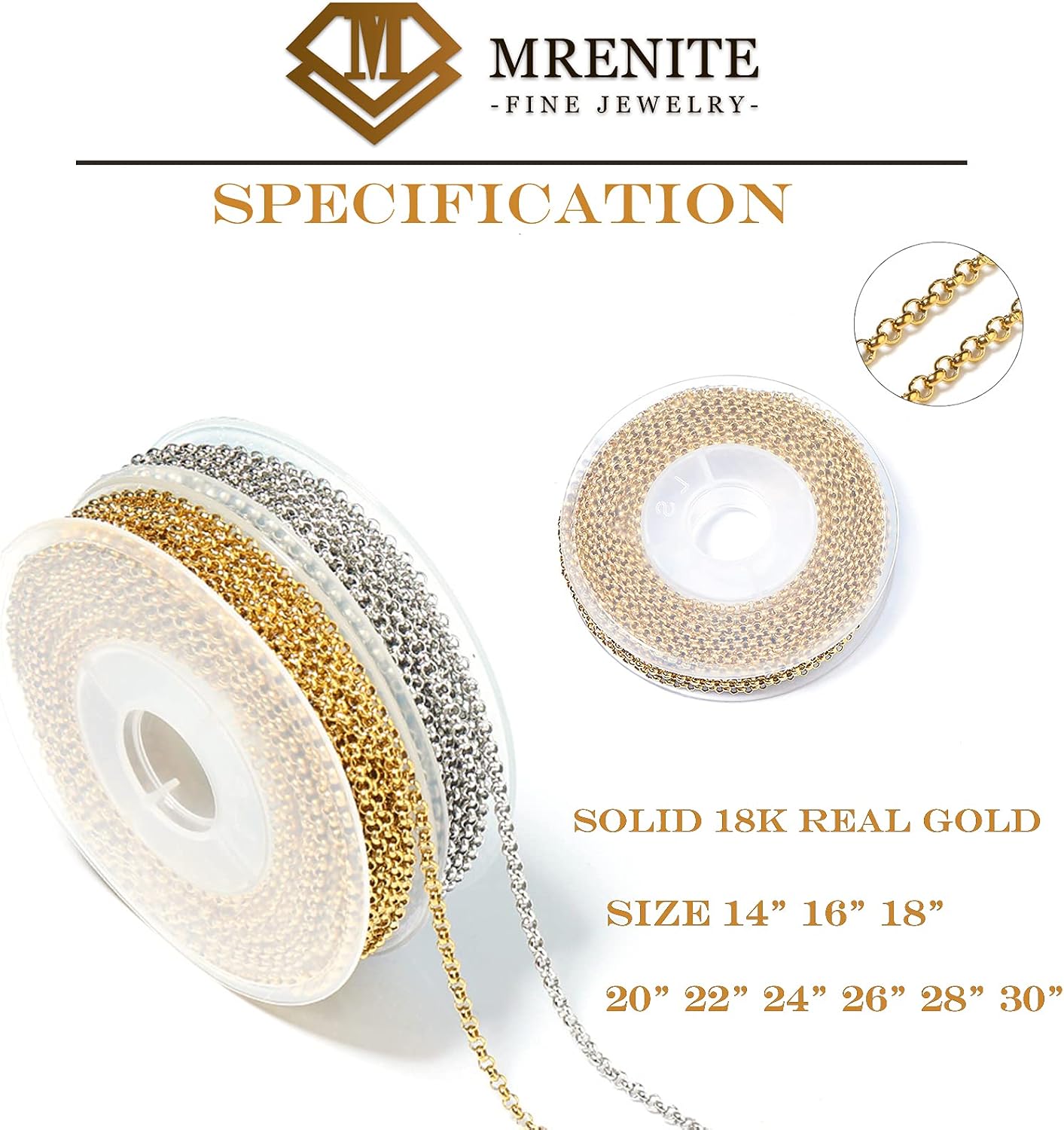 MRENITE Solid 18k Gold 1mm/1.1mm/1.3mm/3mm Round Rolo Cable Chain Necklace Gold Silver Chain Necklaces Lobster Clasp for Women 14' 16' 18' 20' 22' 24' 26' 28' 30'