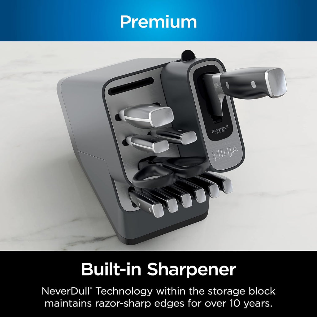 Ninja K32009 Foodi NeverDull Premium Knife System, 9 Piece Knife Block Set with Built-in Sharpener, German Stainless Steel Knives, Black