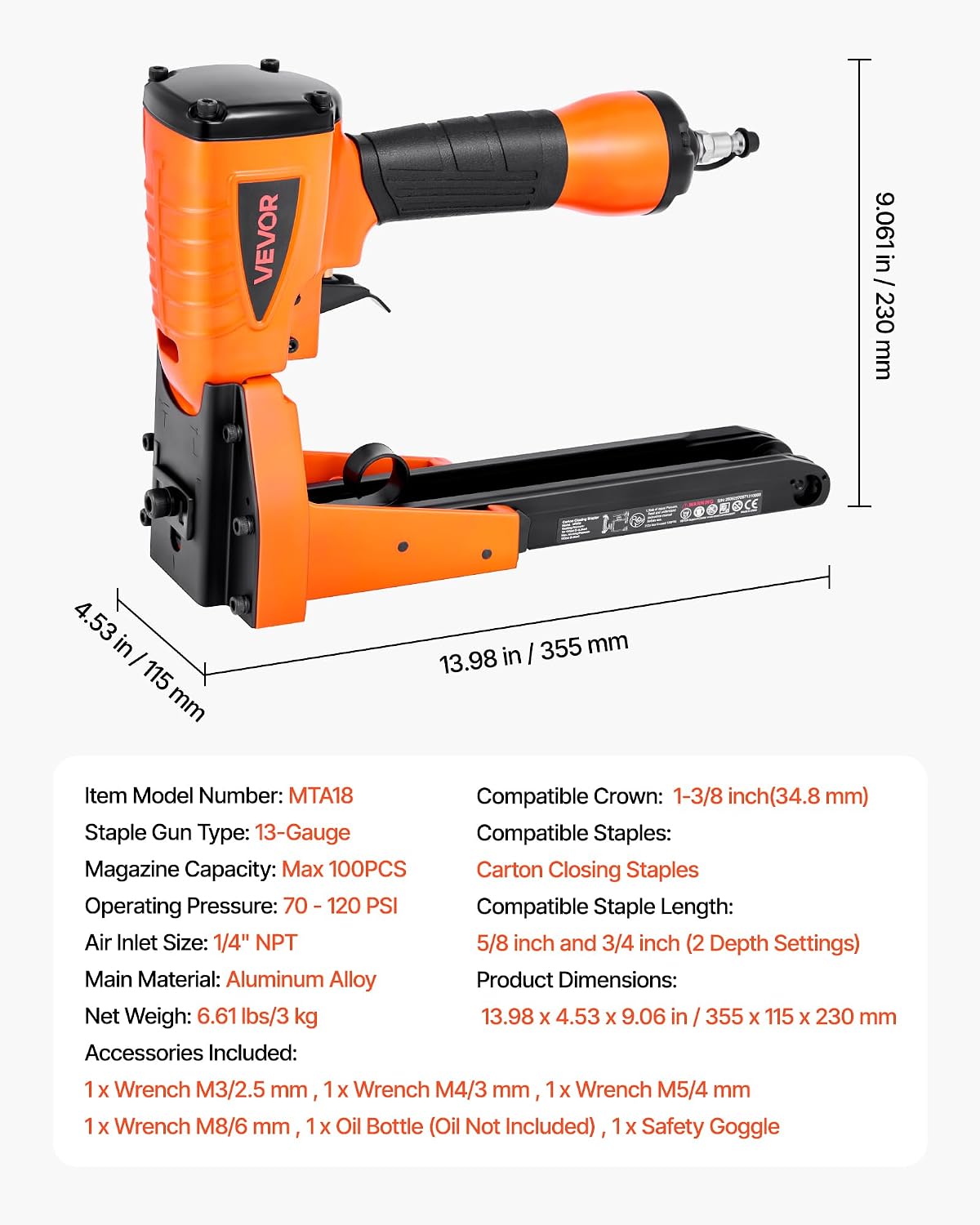 VEVOR Pneumatic Carton Closing Stapler, 13 Gauge Pneumatic Cardboard Staple Gun for 1-3/8 inch Crown 5/8' & 3/4' Length, Depth-Adjustable 70-120 PSI Air Staple Gun for Boxes Carton Closing, Packaging