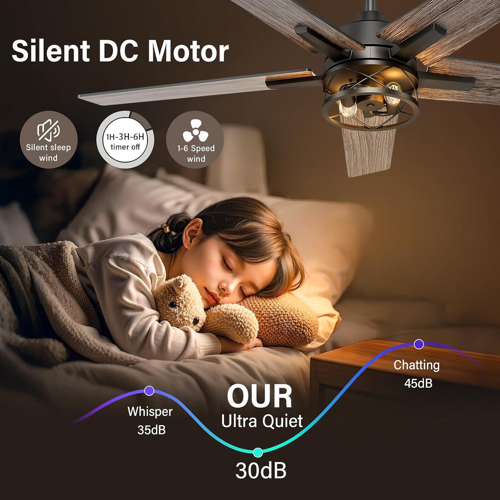52 Inch Black Caged Ceiling Fans with Lights and Remote, Reversible, 3CCT, Dimmable, Noiseless, Double-Sided 5 Blades Ceiling Fan for Bedroom, Farmhouse, Living Room, No Light Bulbs Included