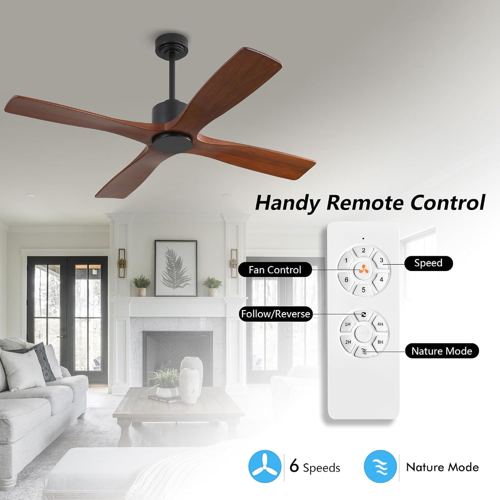 WINGBO 48 Inch DC Ceiling Fan without Lights, 4 Carved Solid Wood Blades, 6-Speed Noiseless Reversible DC Motor, Modern Ceiling Fan No Light with Remote, Black Finish with Walnut Blades, ETL Listed