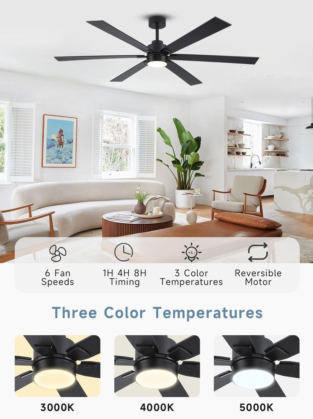 66 Inch Black Large Ceiling Fans with Lights and Remote, Damp Rated Outdoor Ceiling Fan for Patio with 3 Down Rods, Modern Reversible DC Fan for Indoor Living Room Farmhouse Porch Industrial