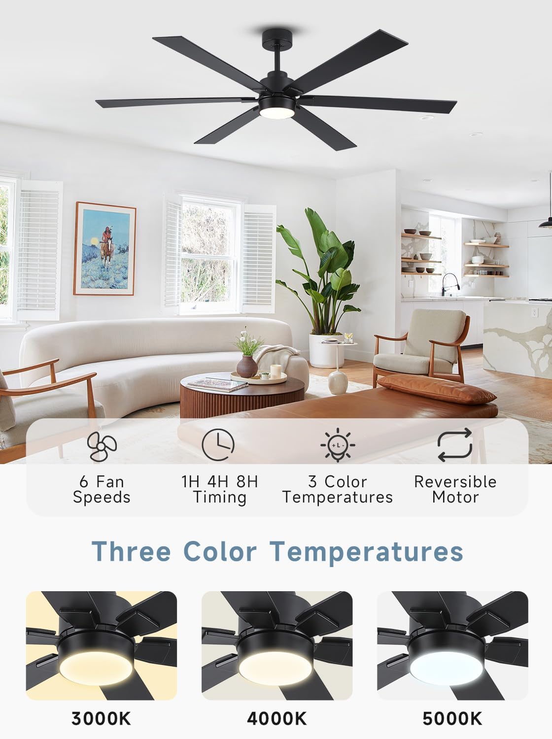 66 Inch Black Large Ceiling Fans with Lights and Remote, Damp Rated Outdoor Ceiling Fan for Patio with 3 Down Rods, Modern Reversible DC Fan for Indoor Living Room Farmhouse Porch Industrial